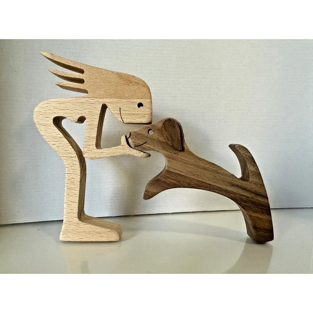 Woman & Dog Carved Wood Figurine Statue Best Friend Pet Dog Mom